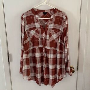 Torrid Size 2 rusty red & white plaid long sleeve babydoll blouse